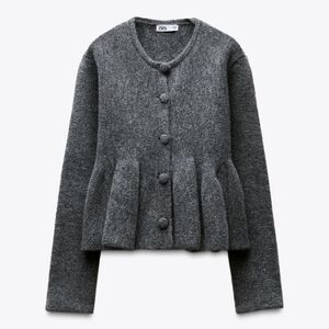 Zara Grey Knit Button Peplum Cardigan Sweater